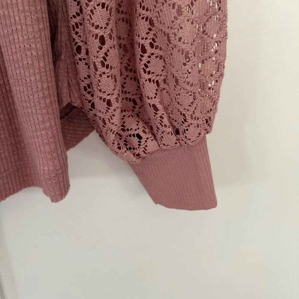 Free People Women's Sweetest Thing Thermal Pink Blush Top Lace Balloon‎ Sleeve M